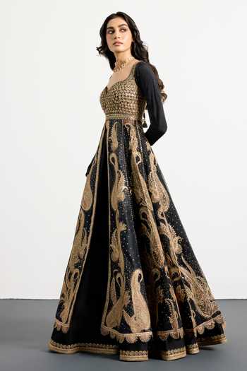 RI.Ritu Kumar_Black Silk Organza, Dupion, Chinon Sweetheart Paisley Print Anarkali Skirt Set _at_Aza_Fashions