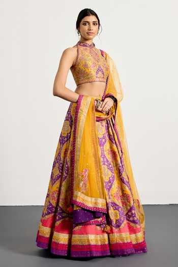 RI.Ritu Kumar_Yellow Net, Polyester, Dupion Halter Neck Morina Floral Print Lehenga Set _Online_at_Aza_Fashions
