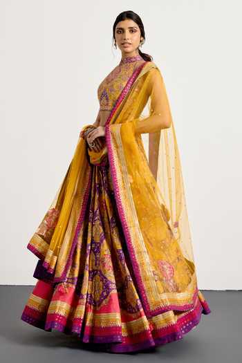 Buy_RI.Ritu Kumar_Yellow Net, Polyester, Dupion Halter Neck Morina Floral Print Lehenga Set _Online_at_Aza_Fashions