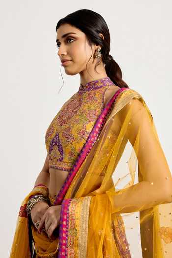 Shop_RI.Ritu Kumar_Yellow Net, Polyester, Dupion Halter Neck Morina Floral Print Lehenga Set _Online_at_Aza_Fashions