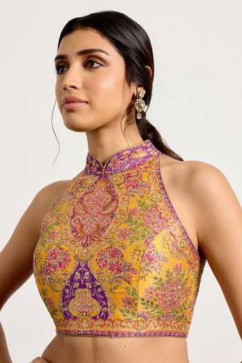RI.Ritu Kumar_Yellow Net, Polyester, Dupion Halter Neck Morina Floral Print Lehenga Set _at_Aza_Fashions