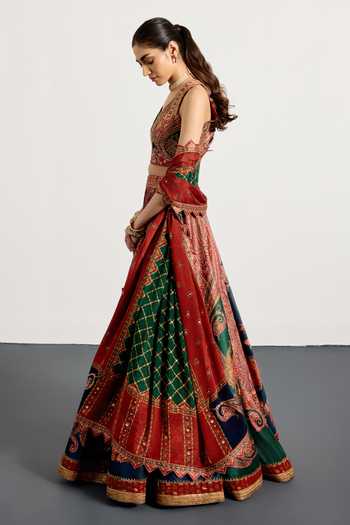 RI.Ritu Kumar_Green Viscose, Dupion, Chinon Halter Neck Mirage Floral Print Lehenga Set _Online_at_Aza_Fashions