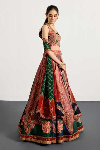 Buy_RI.Ritu Kumar_Green Viscose, Dupion, Chinon Halter Neck Mirage Floral Print Lehenga Set _Online_at_Aza_Fashions