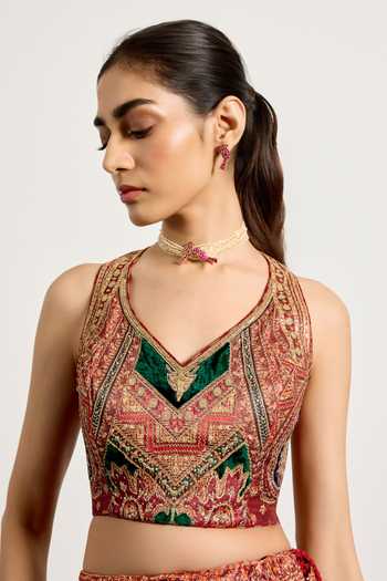 Shop_RI.Ritu Kumar_Green Viscose, Dupion, Chinon Halter Neck Mirage Floral Print Lehenga Set _Online_at_Aza_Fashions