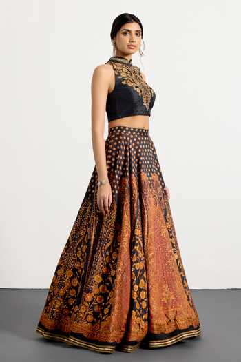 RI.Ritu Kumar_Black Net, Polyester, Dupion Halter Neck Mehroz Print Lehenga Set _Online_at_Aza_Fashions