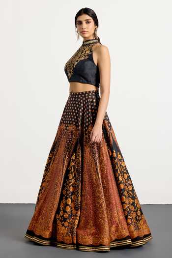 Buy_RI.Ritu Kumar_Black Net, Polyester, Dupion Halter Neck Mehroz Print Lehenga Set _Online_at_Aza_Fashions