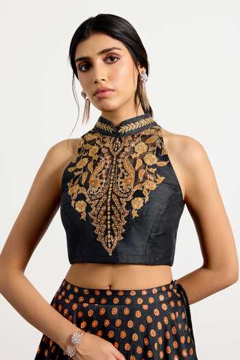 Shop_RI.Ritu Kumar_Black Net, Polyester, Dupion Halter Neck Mehroz Print Lehenga Set _Online_at_Aza_Fashions