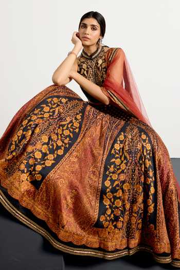 RI.Ritu Kumar_Black Net, Polyester, Dupion Halter Neck Mehroz Print Lehenga Set _at_Aza_Fashions