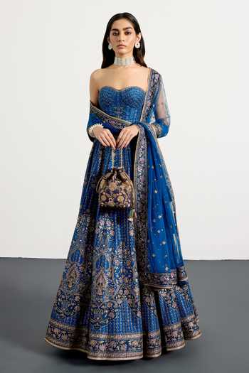 RI.Ritu Kumar_Blue Silk, Dupion, Net Sweetheart Neck Prisha Embroidered Blouse Lehenga Set _Online_at_Aza_Fashions