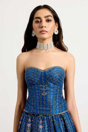 Buy_RI.Ritu Kumar_Blue Silk, Dupion, Net Sweetheart Neck Prisha Embroidered Blouse Lehenga Set _Online_at_Aza_Fashions