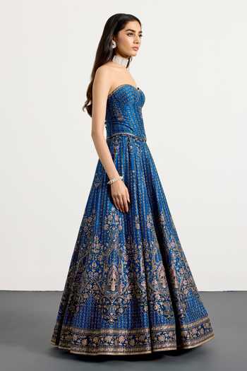 Shop_RI.Ritu Kumar_Blue Silk, Dupion, Net Sweetheart Neck Prisha Embroidered Blouse Lehenga Set _Online_at_Aza_Fashions
