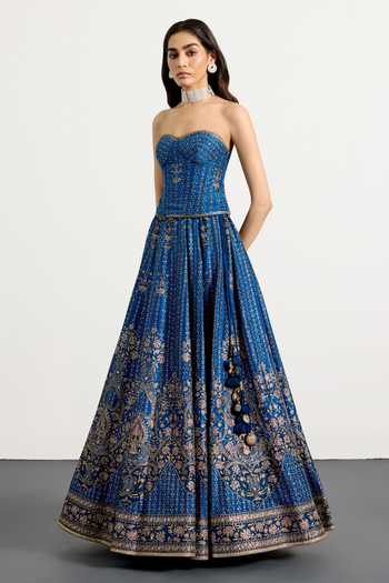 RI.Ritu Kumar_Blue Silk, Dupion, Net Sweetheart Neck Prisha Embroidered Blouse Lehenga Set _at_Aza_Fashions
