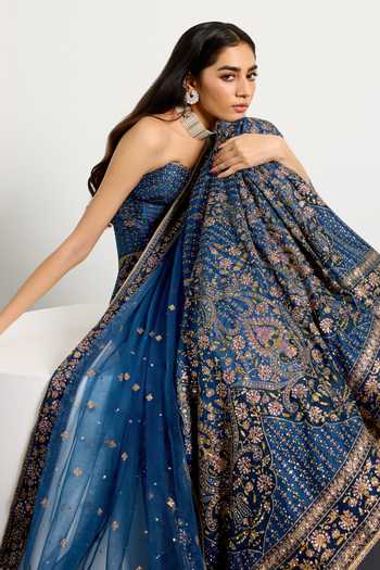 Buy_RI.Ritu Kumar_Blue Silk, Dupion, Net Sweetheart Neck Prisha Embroidered Blouse Lehenga Set 