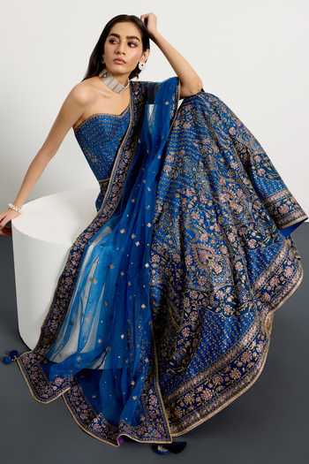 Shop_RI.Ritu Kumar_Blue Silk, Dupion, Net Sweetheart Neck Prisha Embroidered Blouse Lehenga Set 