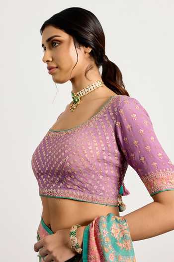RI.Ritu Kumar_Pink Silk, Chinon Square Neck Sreshtha Print Saree With Unstitched Blouse Piece _Online_at_Aza_Fashions
