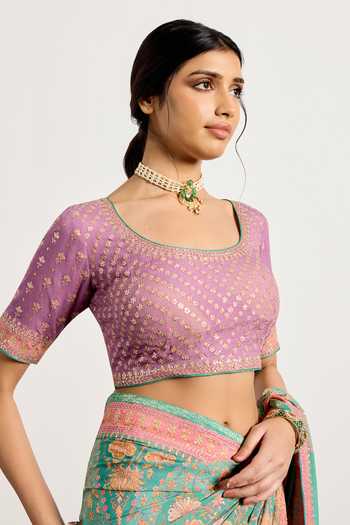 Buy_RI.Ritu Kumar_Pink Silk, Chinon Square Neck Sreshtha Print Saree With Unstitched Blouse Piece _Online_at_Aza_Fashions