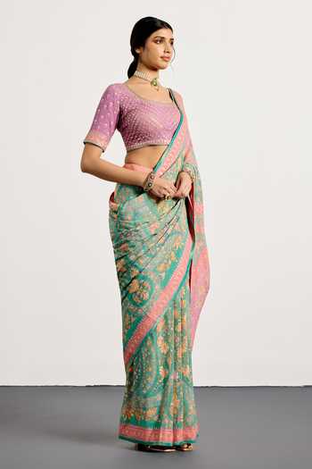Shop_RI.Ritu Kumar_Pink Silk, Chinon Square Neck Sreshtha Print Saree With Unstitched Blouse Piece _Online_at_Aza_Fashions