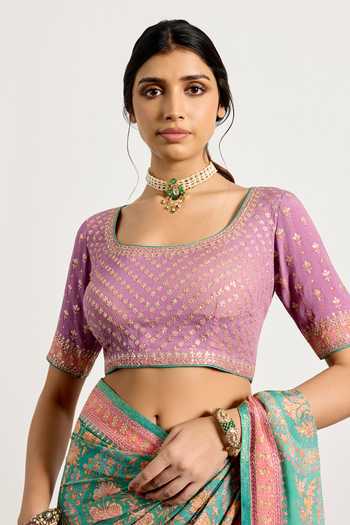 RI.Ritu Kumar_Pink Silk, Chinon Square Neck Sreshtha Print Saree With Unstitched Blouse Piece _at_Aza_Fashions