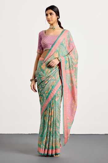 Shop_RI.Ritu Kumar_Pink Silk, Chinon Square Neck Sreshtha Print Saree With Unstitched Blouse Piece 