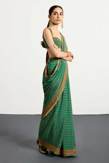 Shop_RI.Ritu Kumar_Green Silk, Chinon Sweetheart Prisha Printed Saree With Unstitched Blouse Piece _Online_at_Aza_Fashions