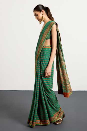 RI.Ritu Kumar_Green Silk, Chinon Sweetheart Prisha Printed Saree With Unstitched Blouse Piece _at_Aza_Fashions