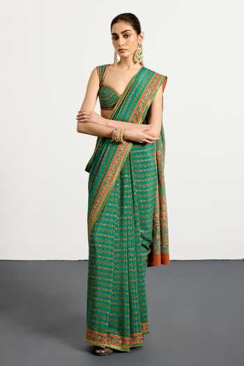 Buy_RI.Ritu Kumar_Green Silk, Chinon Sweetheart Prisha Printed Saree With Unstitched Blouse Piece 