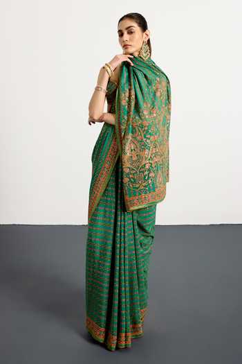 Shop_RI.Ritu Kumar_Green Silk, Chinon Sweetheart Prisha Printed Saree With Unstitched Blouse Piece 