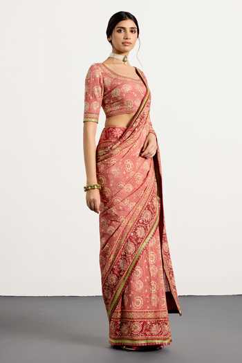 RI.Ritu Kumar_Pink Silk, Chinon Round Neck Kalamkari Print Saree With Unstiched Blouse Piece _Online_at_Aza_Fashions