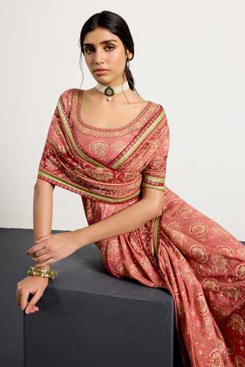 Buy_RI.Ritu Kumar_Pink Silk, Chinon Round Neck Kalamkari Print Saree With Unstiched Blouse Piece _Online_at_Aza_Fashions