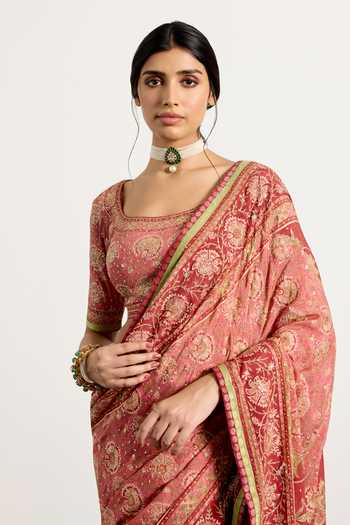 Shop_RI.Ritu Kumar_Pink Silk, Chinon Round Neck Kalamkari Print Saree With Unstiched Blouse Piece _Online_at_Aza_Fashions