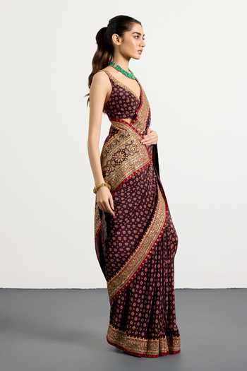 RI.Ritu Kumar_Multi Color Silk, Crepe V-neck Bandhani Print Saree With Unstitched Blouse Piece _Online_at_Aza_Fashions