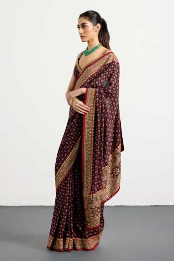 Buy_RI.Ritu Kumar_Multi Color Silk, Crepe V-neck Bandhani Print Saree With Unstitched Blouse Piece _Online_at_Aza_Fashions