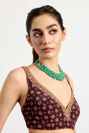 Shop_RI.Ritu Kumar_Multi Color Silk, Crepe V-neck Bandhani Print Saree With Unstitched Blouse Piece _Online_at_Aza_Fashions