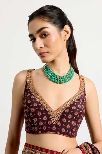 Shop_RI.Ritu Kumar_Multi Color Silk, Crepe V-neck Bandhani Print Saree With Unstitched Blouse Piece 