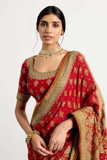 Shop_RI.Ritu Kumar_Green Silk, Crepe Square Neck Geometric Print Saree With Unstitched Blouse Piece _Online_at_Aza_Fashions