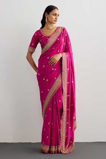 RI.Ritu Kumar_Purple Silk, Dupion Scoop Neck Printed Saree With Unstitched Blouse Piece _Online_at_Aza_Fashions
