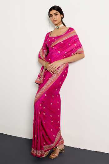 Buy_RI.Ritu Kumar_Purple Silk, Dupion Scoop Neck Printed Saree With Unstitched Blouse Piece _Online_at_Aza_Fashions