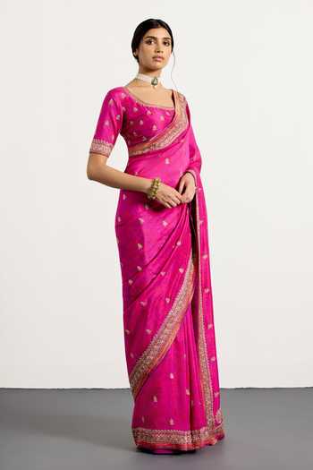 Shop_RI.Ritu Kumar_Purple Silk, Dupion Scoop Neck Printed Saree With Unstitched Blouse Piece _Online_at_Aza_Fashions