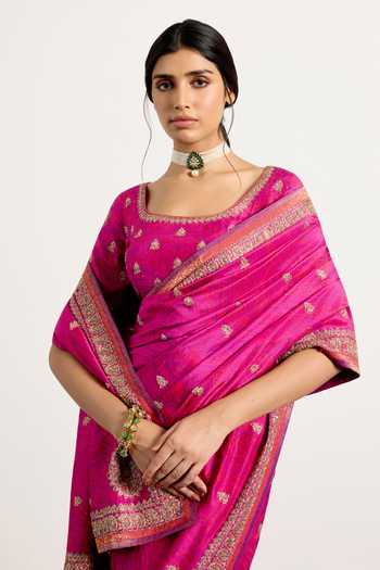 Buy_RI.Ritu Kumar_Purple Silk, Dupion Scoop Neck Printed Saree With Unstitched Blouse Piece 