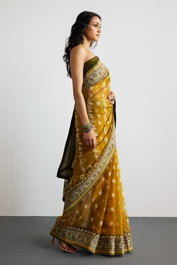 RI.Ritu Kumar_Mustard Silk Organza Floral Woven Saree With Unstitched Blouse Piece _Online_at_Aza_Fashions