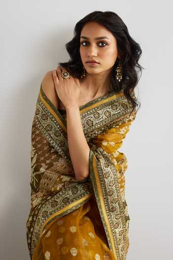 Buy_RI.Ritu Kumar_Mustard Silk Organza Floral Woven Saree With Unstitched Blouse Piece _Online_at_Aza_Fashions
