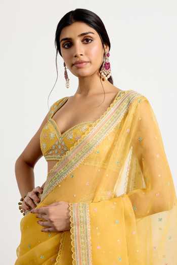 RI.Ritu Kumar_Yellow Silk Organza Sweetheart Neck Saree With Unstitched Blouse Piece _Online_at_Aza_Fashions