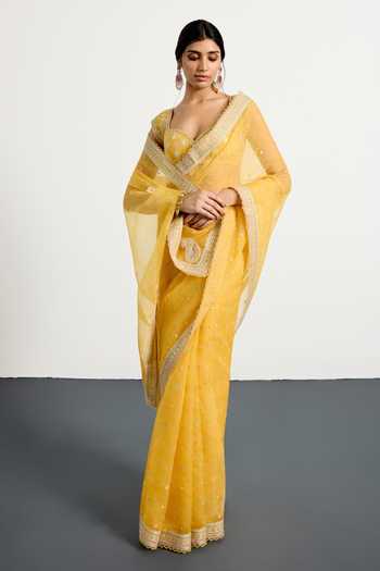 Buy_RI.Ritu Kumar_Yellow Silk Organza Sweetheart Neck Saree With Unstitched Blouse Piece _Online_at_Aza_Fashions