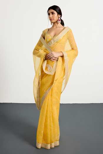 Shop_RI.Ritu Kumar_Yellow Silk Organza Sweetheart Neck Saree With Unstitched Blouse Piece _Online_at_Aza_Fashions