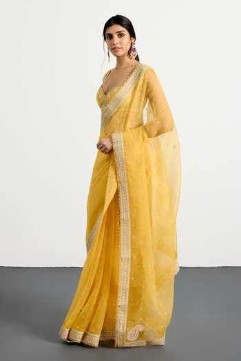 Buy_RI.Ritu Kumar_Yellow Silk Organza Sweetheart Neck Saree With Unstitched Blouse Piece 