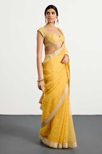 Shop_RI.Ritu Kumar_Yellow Silk Organza Sweetheart Neck Saree With Unstitched Blouse Piece 