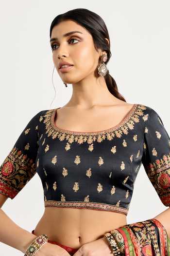 Buy_RI.Ritu Kumar_Black Silk, Satin Round Pushpavan Floral Print Saree With Unstiched Blouse Piece _Online_at_Aza_Fashions