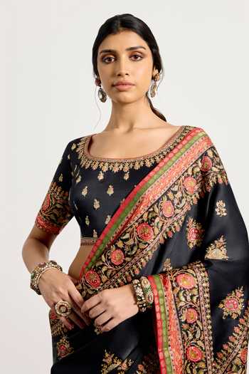 Shop_RI.Ritu Kumar_Black Silk, Satin Round Pushpavan Floral Print Saree With Unstiched Blouse Piece _Online_at_Aza_Fashions