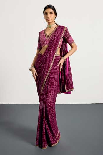 RI.Ritu Kumar_Purple Silk, Chinon V-neck Prune Prina Saree With Embroidered Blouse _Online_at_Aza_Fashions