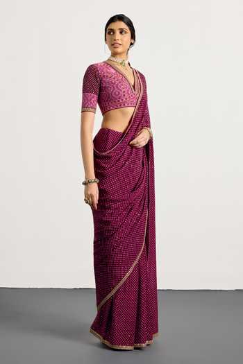 Buy_RI.Ritu Kumar_Purple Silk, Chinon V-neck Prune Prina Saree With Embroidered Blouse _Online_at_Aza_Fashions